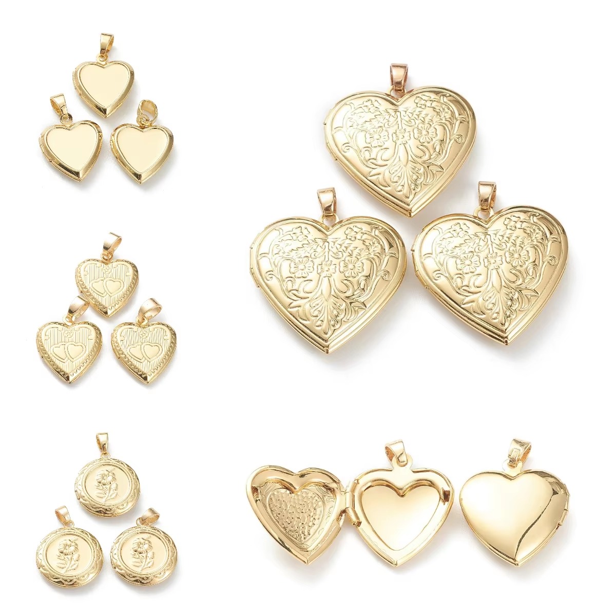 Heart Locket Necklace Photo - จี้รูปหัวใจแบบเปิดได้ 10 ชิ้น สำหรับใส่รูปภาพ ทำจากทองเหลือง ชุบทองคำแท้