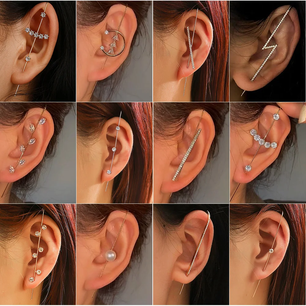 Earrings - ต่างหูแบบหนีบประดับเพชรซิคอน ดีไซน์เรียบง่าย รูปใบไม้ สำหรับผู้หญิง