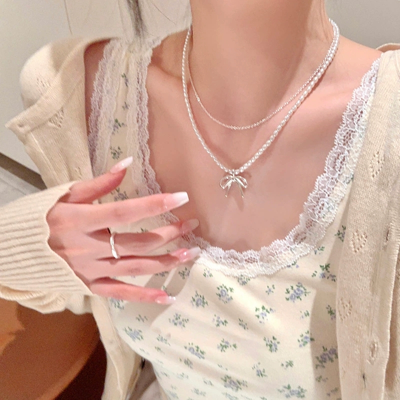 Pearl Choker Necklace Vintage - แฟชั่นวินเทจโบว์โบว์ประดับมุก สร้อยคอแบบสองชั้นสำหรับผู้หญิง เครื่องประดับสวยงาม