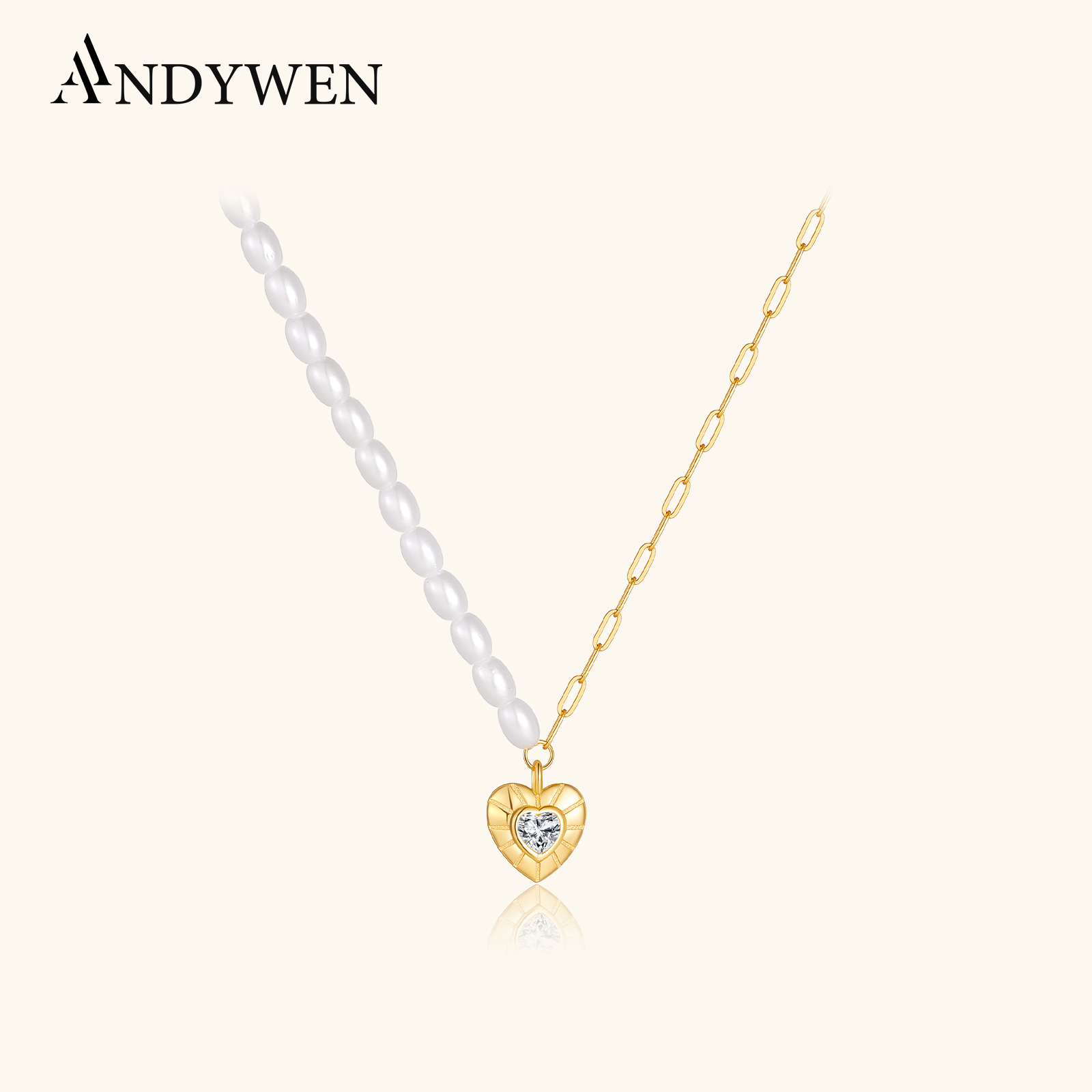Pearl Choker Necklace Vintage - ANDYWEN สร้อยคอโซ่มุกไม่สมมาตรเงินแท้ 925,จี้หัวใจเพทาย CZ, สร้อยคอผู้หญิงวินเทจหวาน