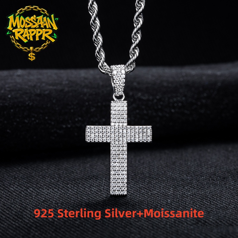 925 Sterling Silver Chain Necklace Men - MossanRappr Moissanite Bling Cross จี้ Iced