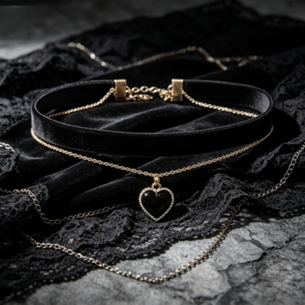 Layered Pendant Necklace Aesthetic - สร้อยคอจี้รูปหัวใจสีดำหลายชั้น สไตล์กอธิค สร้อยคอคล้องคอสำหรับผู้หญิงและเด็กสาว