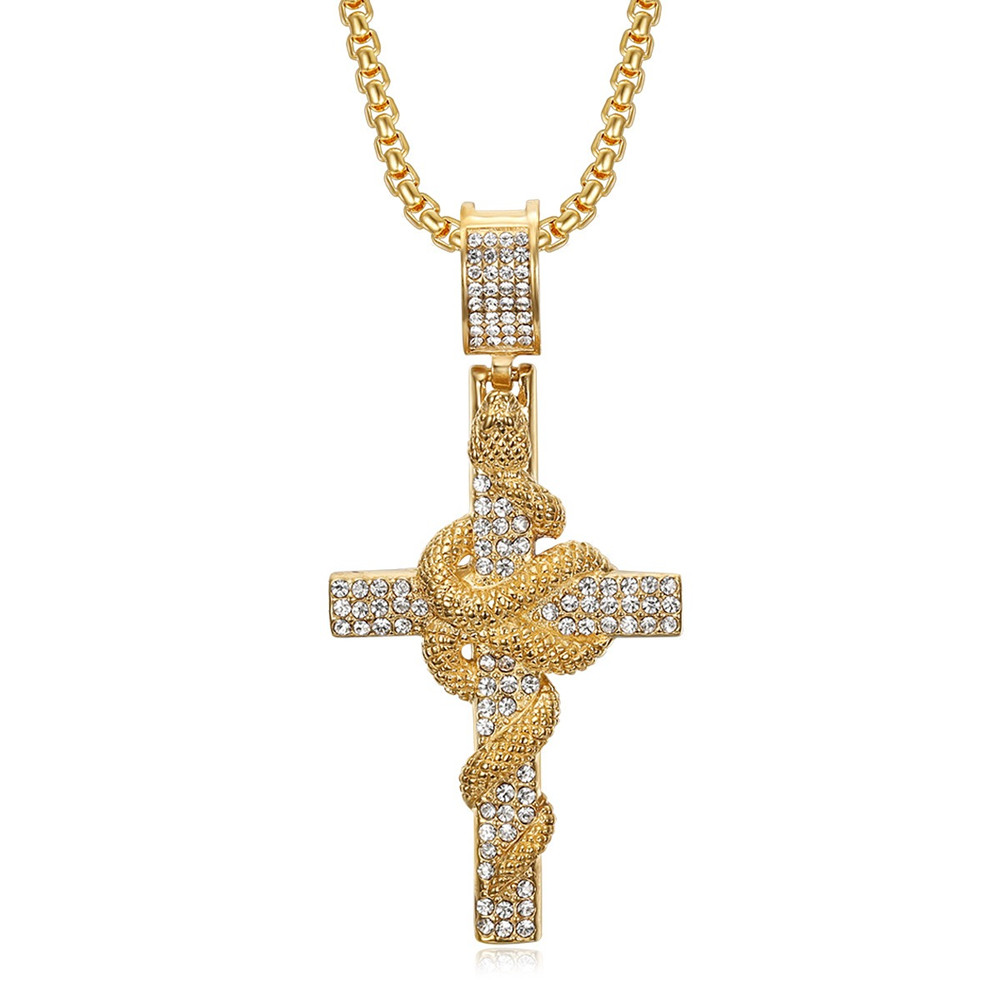 Cross Pendant Necklace Gold - สร้อยคอจี้ไม้กางเขนสแตนเลสลายงูสำหรับผู้ชาย ประดับเพชรซิรคอนระยิบระยับทั้งหมด เครื่องประดับสุดเท่ห์ทันสมัย