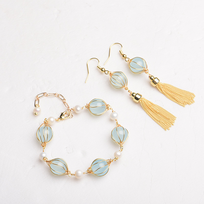 Earrings - ต่างหูลูกปัดหยกธรรมชาติสีน้ำเงิน เครื่องประดับแฟชั่น สร้อยข้อมือวินเทจ เครื่องประดับแท้ เครื่องรางนำโชค ดีไซน์เนอร์