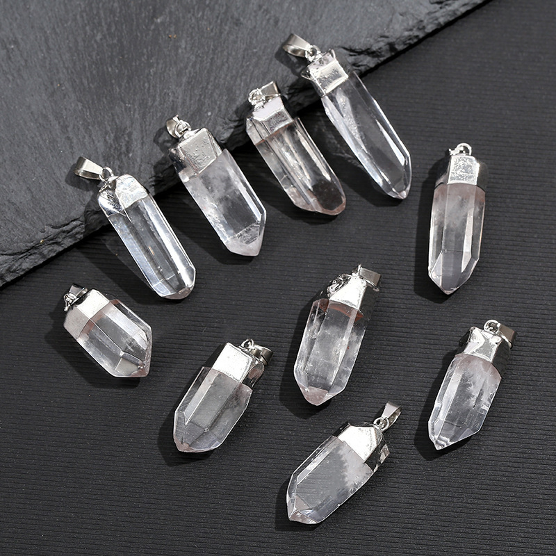 Crystal Pendant Necklace Natural Stone - จี้คริสตัลควอตซ์ใสธรรมชาติ ชุบเคลือบเงา หินดิบ พลังงานบำบัด เหมาะสำหรับทำเครื่องประดับ DIY