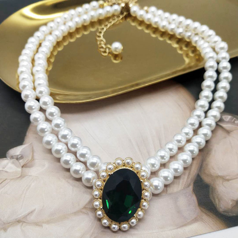 Pearl Choker Necklace Vintage - คลาสสิกสีเขียว Rhinestone เพิร์ลสร้อยคอต่างหูผู้หญิงเลดี้ Vintage เครื่องประดับงานแต่งงานจี้คอ Chokers