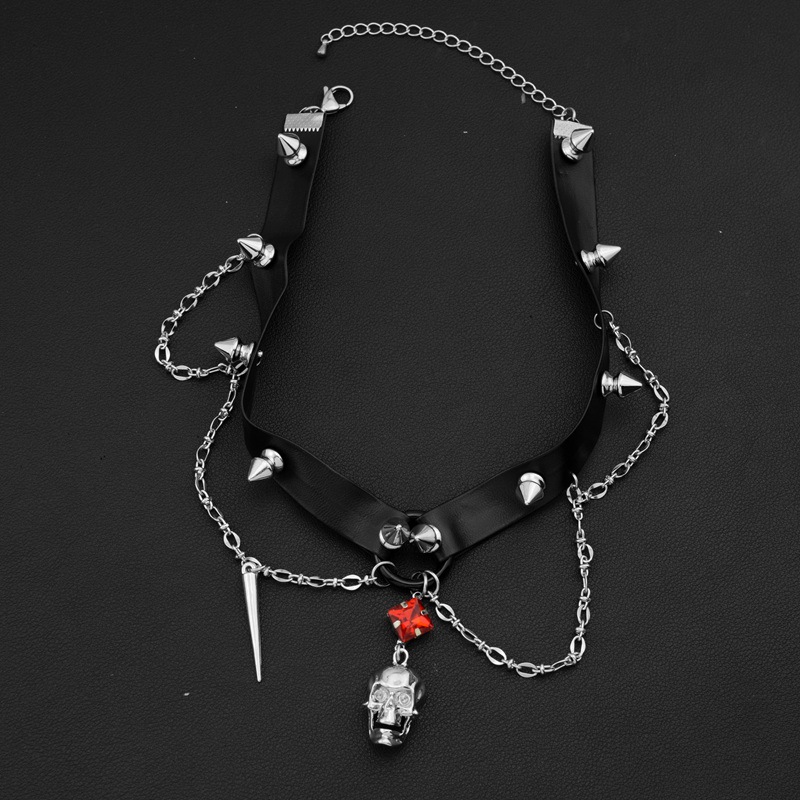 สร้อยคอหนังรูปหัวกะโหลกสีดำ สไ - Goth Punk Spike Choker บทวิจารณ์และราคา