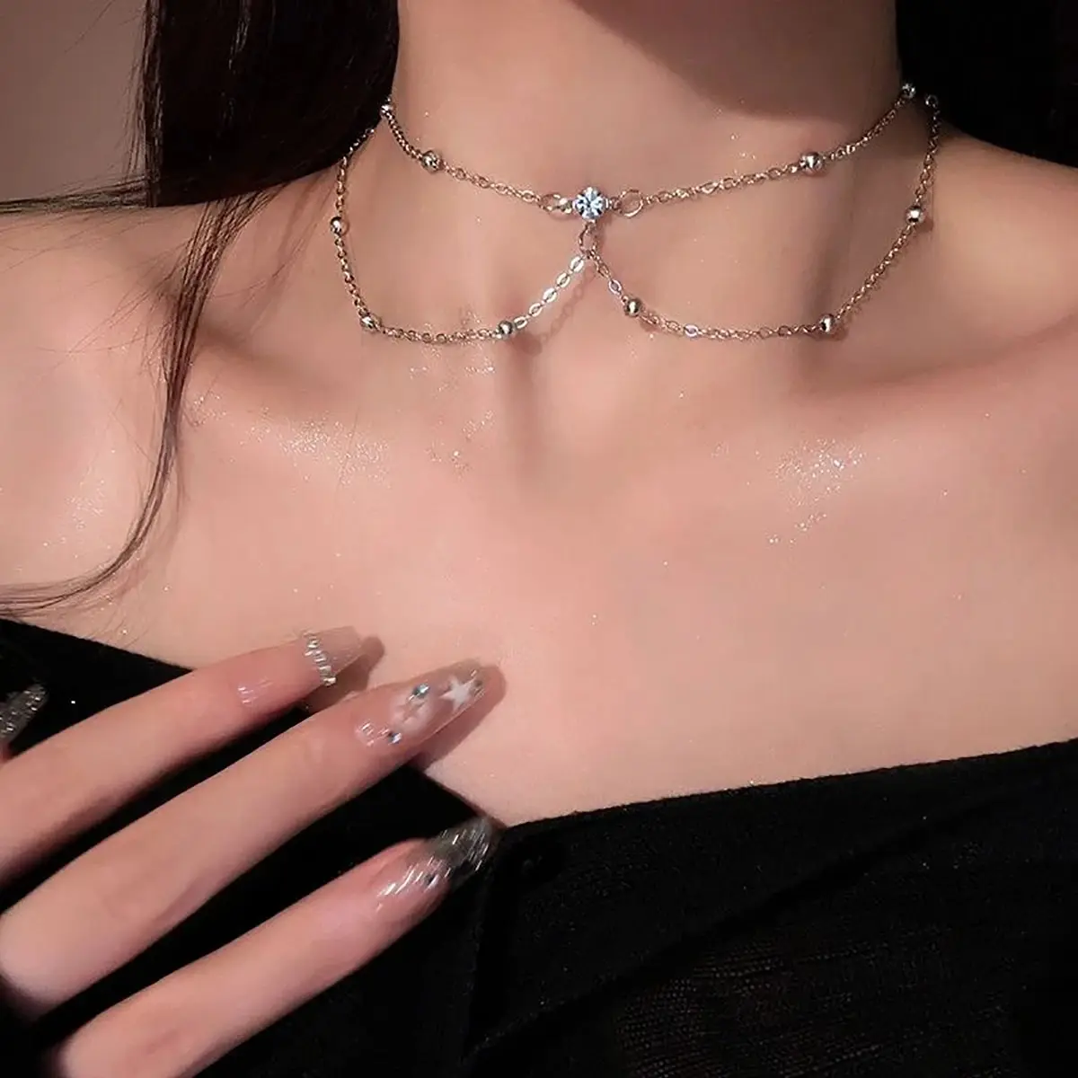 โซ่ประดับพลอยเทียมเป็นประกายหล - Layered Pendant Necklace Aesthetic บทวิจารณ์และราคา