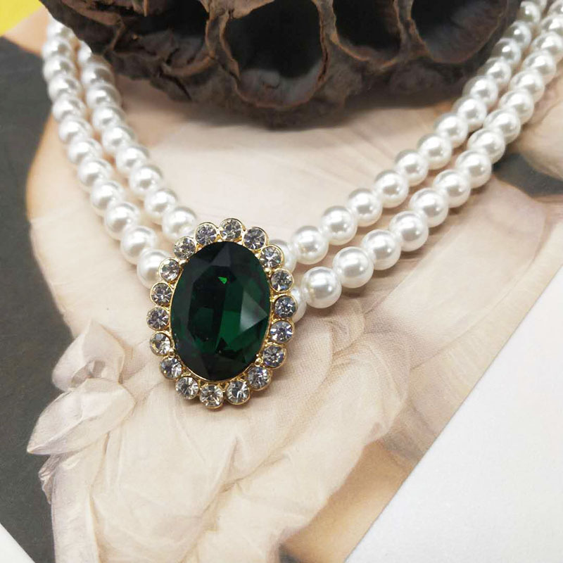คลาสสิกสีเขียว Rhinestone เพิร - Pearl Choker Necklace Vintage บทวิจารณ์และราคา